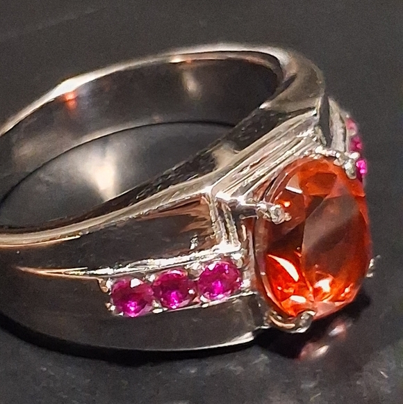Men's Salmon Quartz & Ruby CZ Stainless Steel Ring - Picture 5 of 14